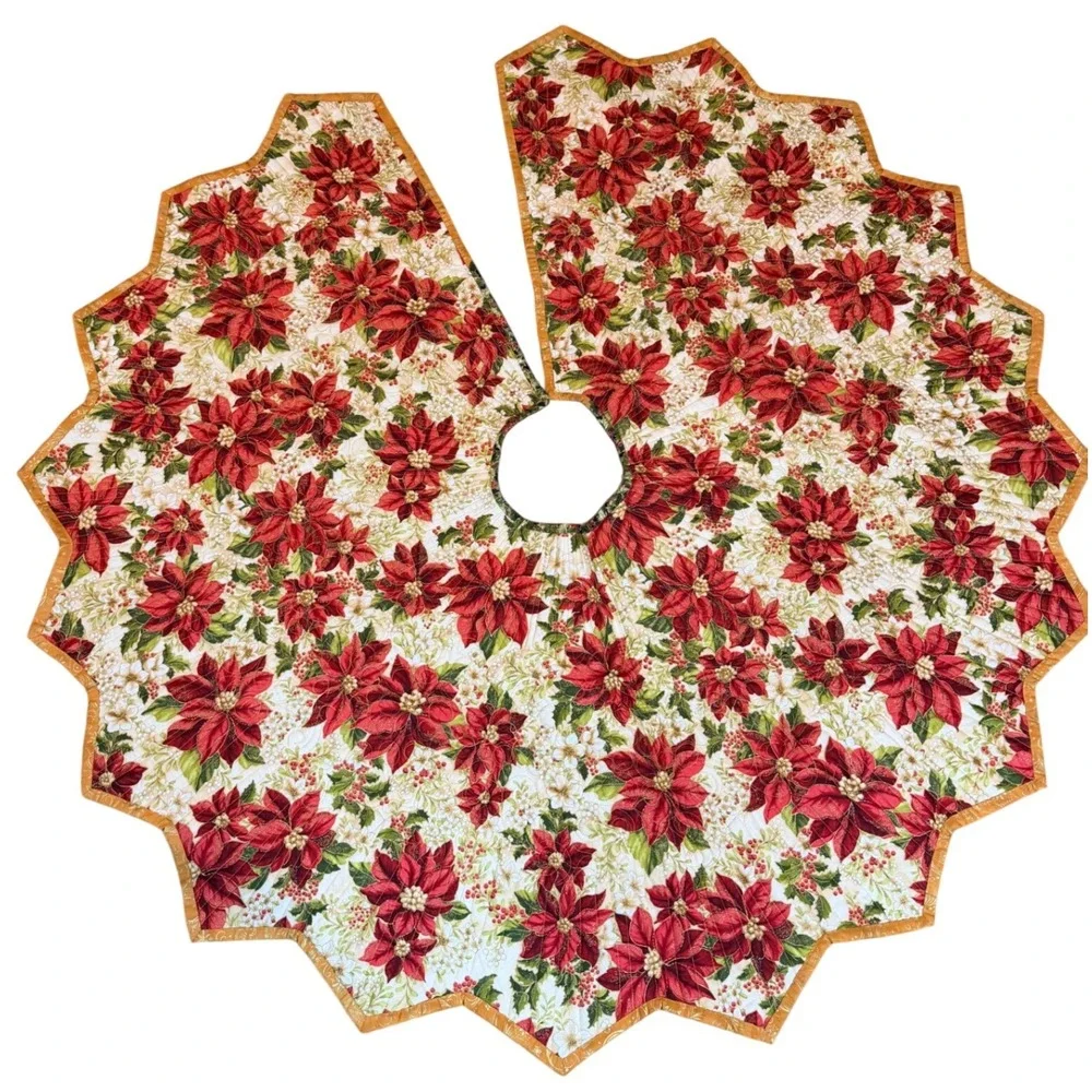 Quilted Christmas Tree‎ Skirt Reversible Poinsettia Pine Cone Red Green